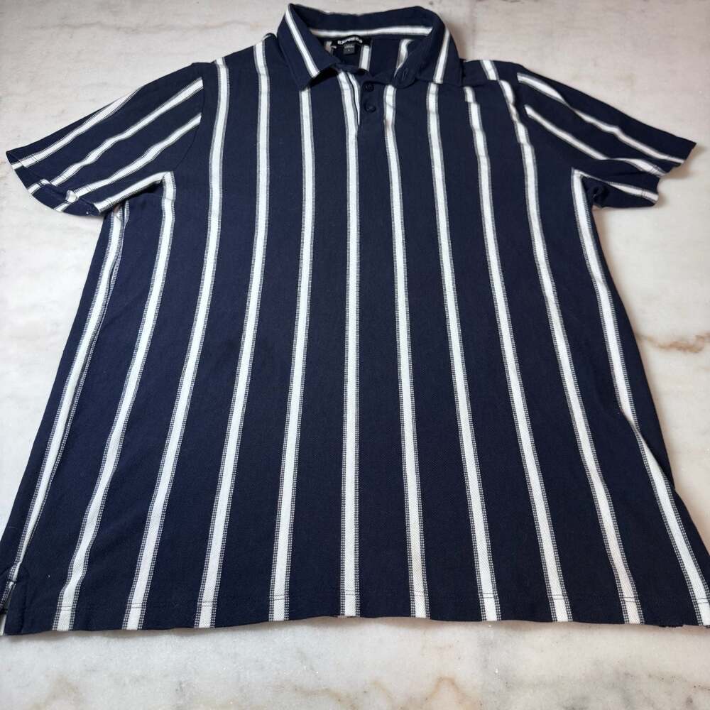 Express Men's Navy Blue and White Polo Shirt Size L